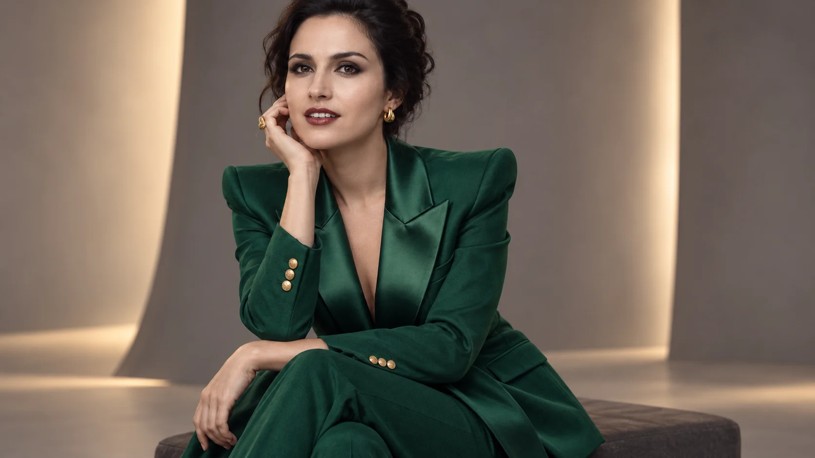 Front transformed into an emerald couture suit