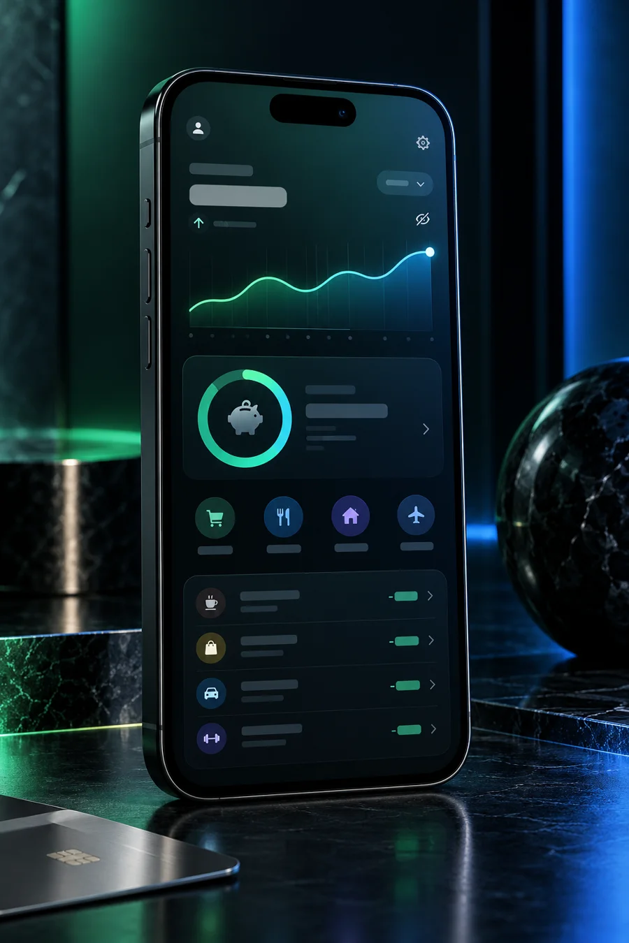 Photorealistic finance mobile app on a premium smartphone